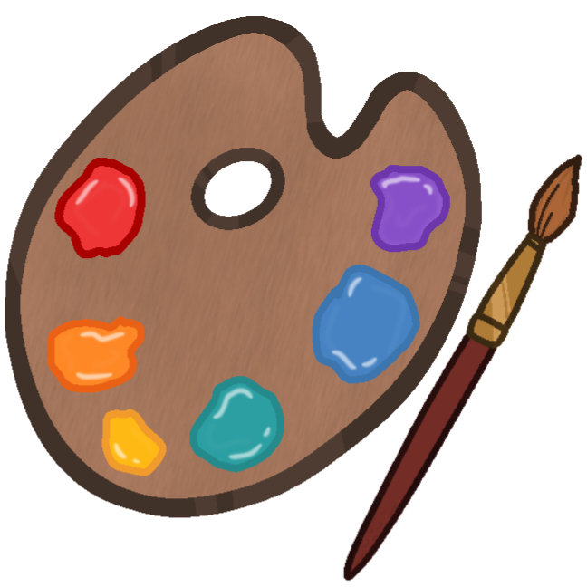 A wooden paint pallette with six different colors of paint on it, each one a color of the rainbow. Next to the paint pallette is a basic paint brush with a red handle and brown bristles.